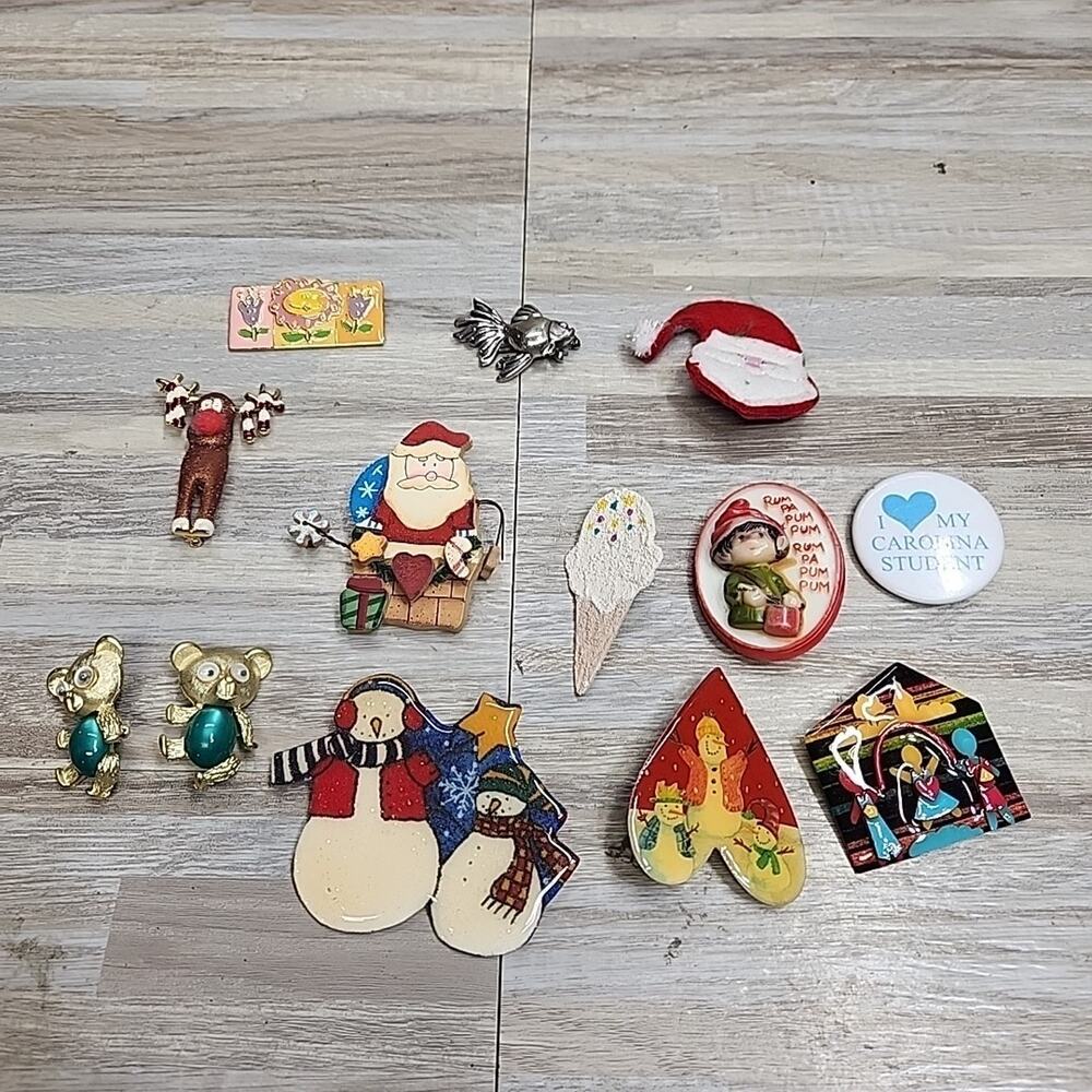 Vintage Brooch Lot, Christmas, Santa, Reindeer, Koi Fish, Snowman